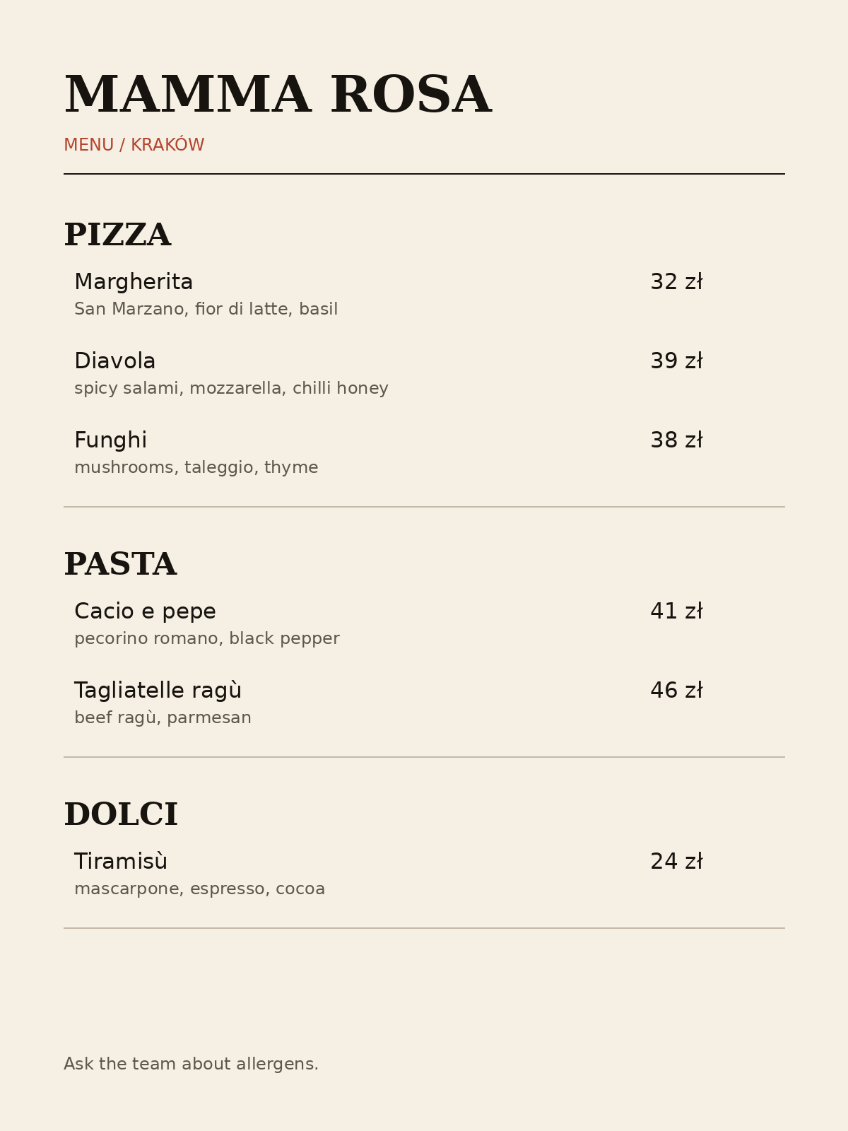 Fictional Mamma Rosa menu with pizza, pasta, and dessert items and prices in Polish złoty